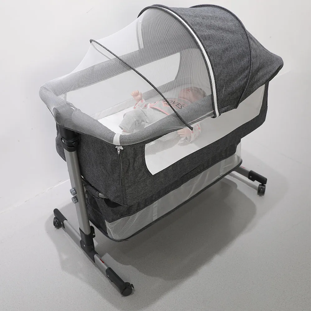 Portable Folding Adjustable Height Wheels Metal Newborn Infant Crib Bedside Co sleeper Baby Bed With Canopy (1600497230470)