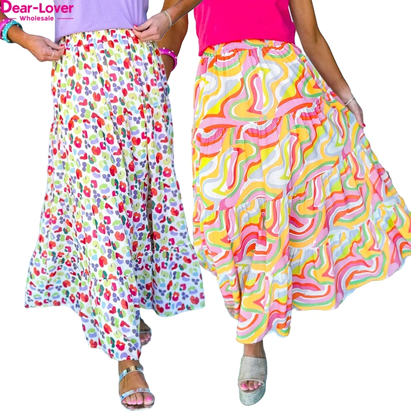 Dear-Lover New Arrivals Abstract Leopard Print Tiered Flowy Long Maxi Skirts For Women