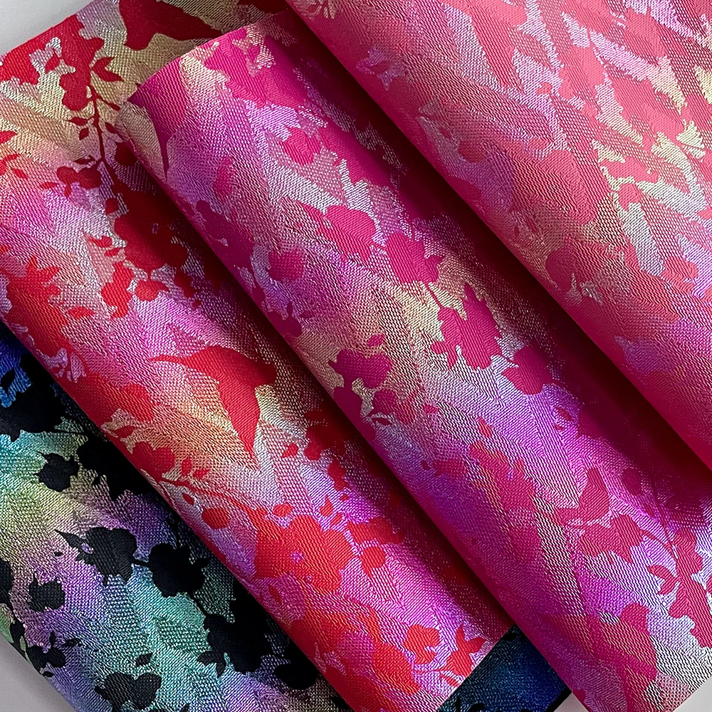Holographic Floral And Bird Pattern Embossed Leatherette Embroidered Vinyl Fabric Decorative Synthetic Leather For Package Bag