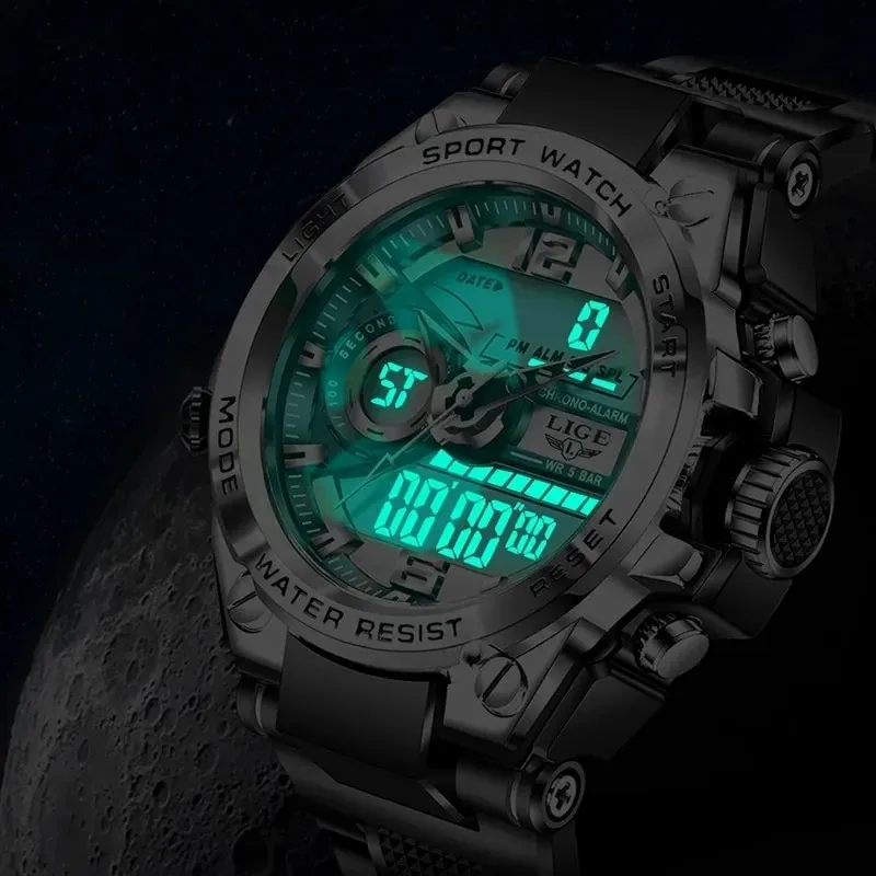 Часы Montre Lige 8922 с двойным дисплеем хронографы Мужские Цифровые кварцевые часы для мужчин спортивные Relogio Masculino силиконовый ремешок