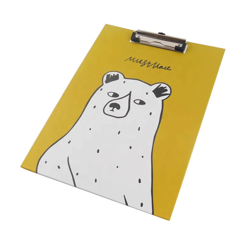 High-quality custom cute bear printed a4 hard paper hanging clipboard with steel clamp as office supplies