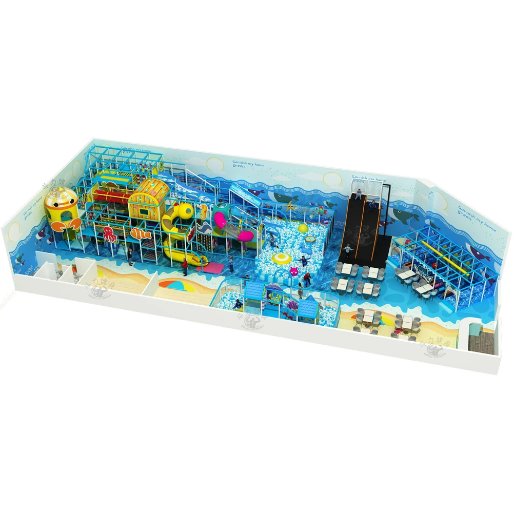 Douli customizable kids large 305sq.m oceam themed 4 in 1 indoor naughty castle snow slide obstacle course bool pool playground