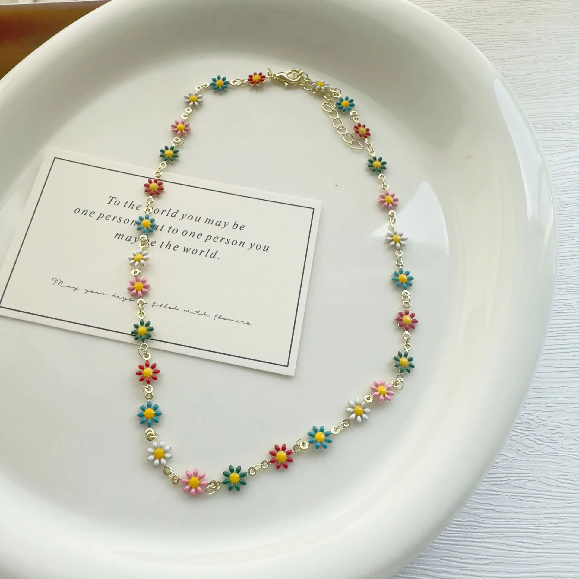 Colorful Niche Daisy Flower Bracelet and Necklace Set Women Fresh Style Ins Contrast Design Clavicle Chain Accessories