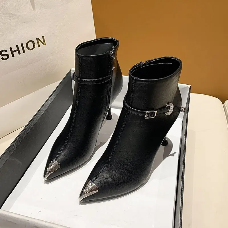 2021 Hot Sale New Women Metal Pointed High Heels Stiletto Short Boots All Match Casual Women Shoes