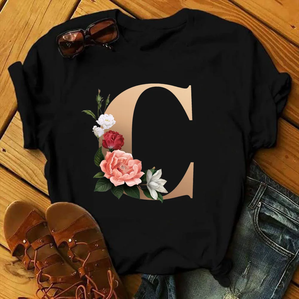 Изготовленный на заказ со словом рисунком именем буквами комбинации модная женская футболка с принтом цветок шрифт A B C D E F G Топы коротким рукавом черная одежда