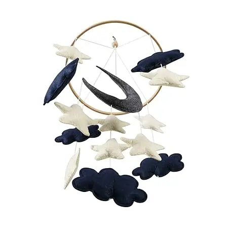 2024 new style.Navy blue clouds and moon star felt nursery mobile for baby crib modern boho baby mobile.
