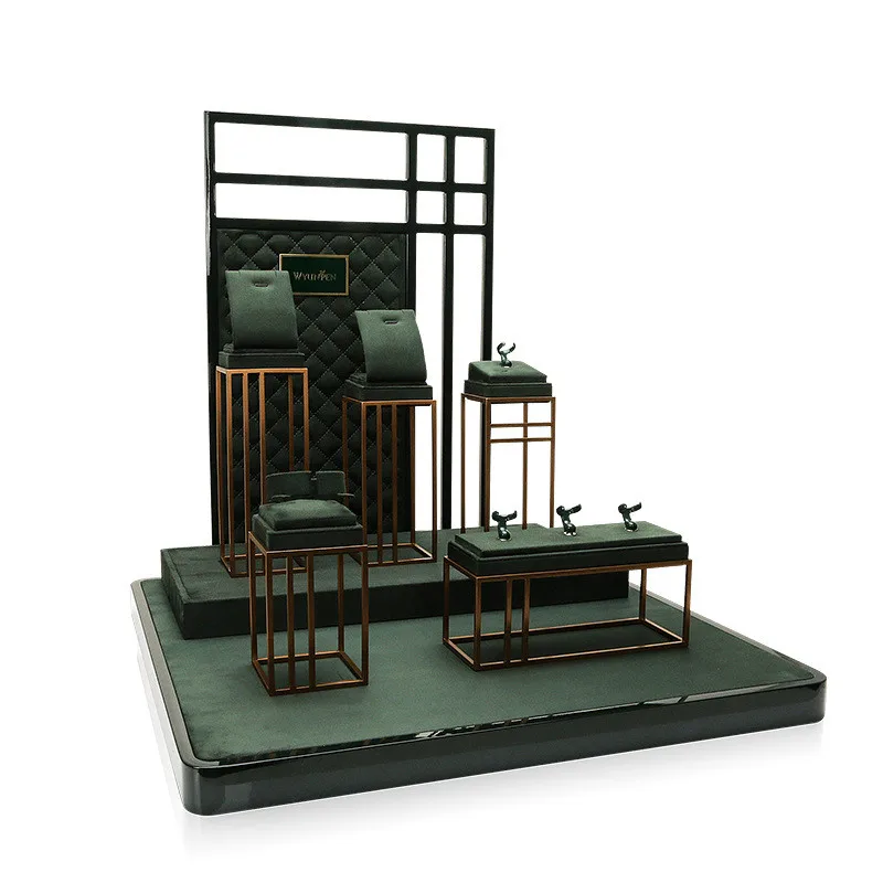 Modern Latest custom-made countertop jewelry display dark green jewelry display  jewelry display showcase set