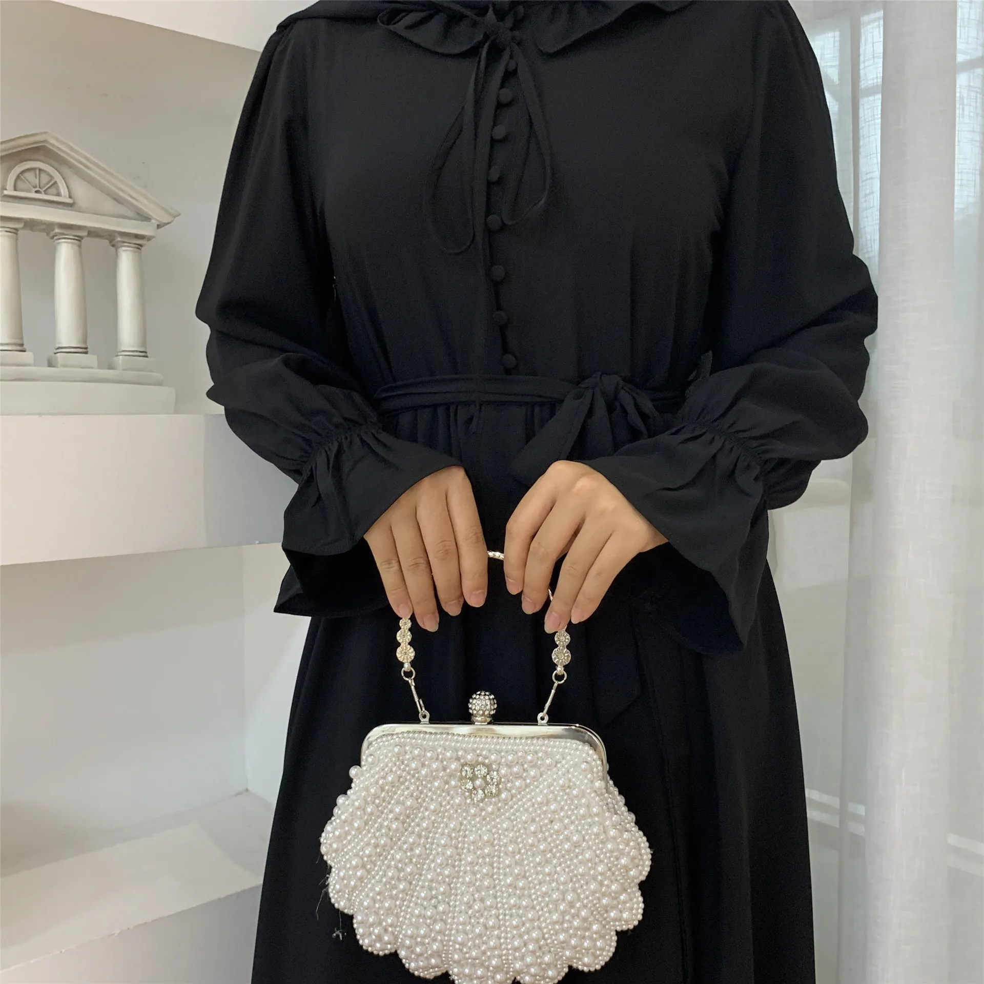 Modest Turkey Long Sleeve Button Ruffle Solid Color New Abaya Designs Dubai Women Muslim Dress Robe For Women S0125