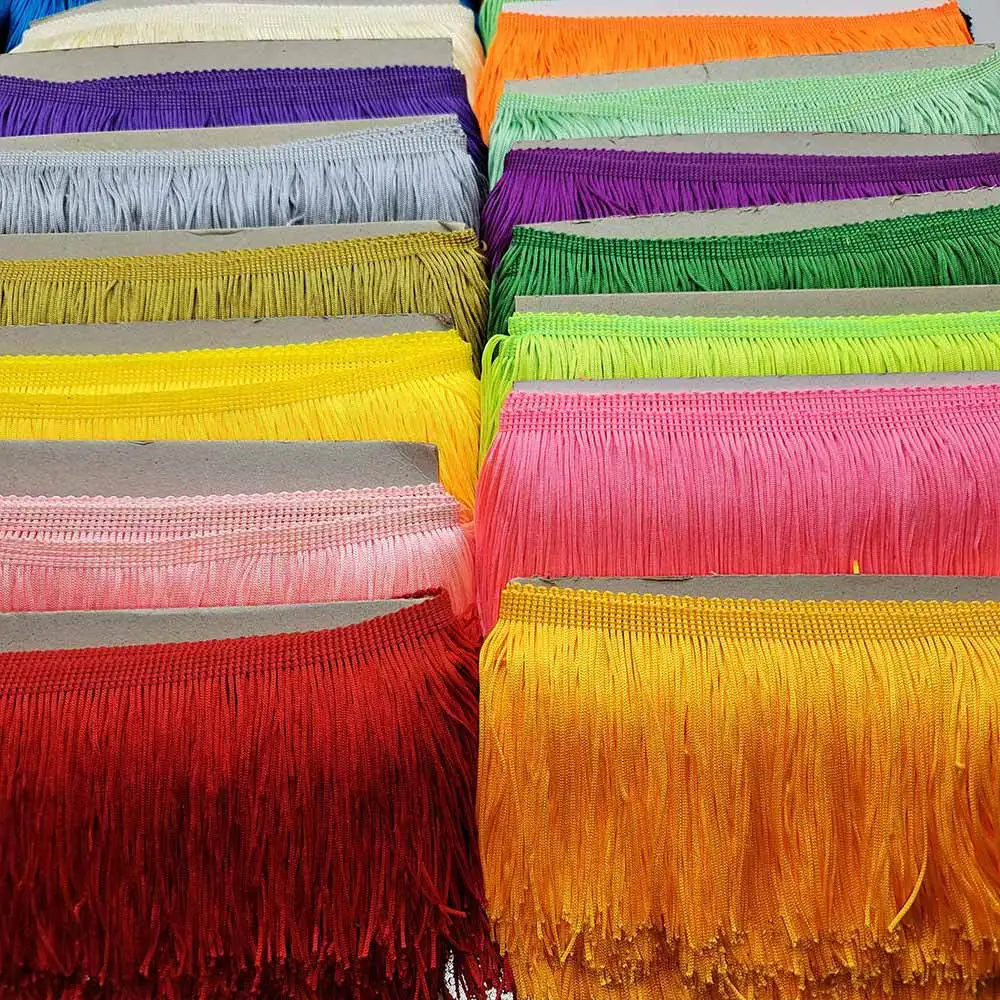 custom colorful double thread thick long spandex material elastic stretch chainette fringe trim for latin costumes