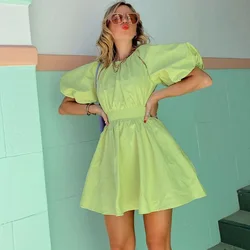 Wholesale 2021 Spring and Summer Fashion Casual Atmosphere Back Hollow Puff Sleeve Waist Puffy Green Female Short Dress