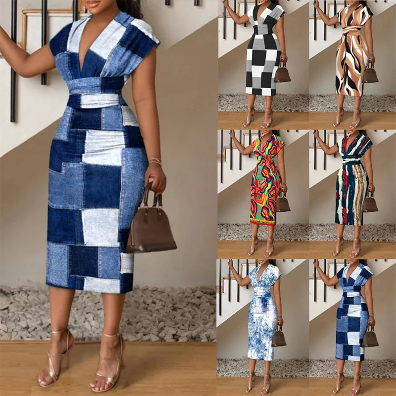 Private Label Women Slim Bohemian Dress V-neck Short Sleeve Printed Dress High Waist Lady Midi Pencil Dresses