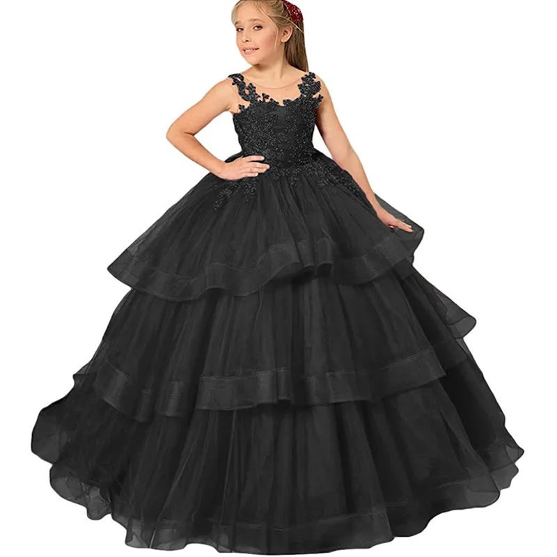 Backless Flower Girl Party Dress Customized Puffy Ball Gown Elegant Kids Wedding Dresses with Applique Tulle Fabric Sleeveless