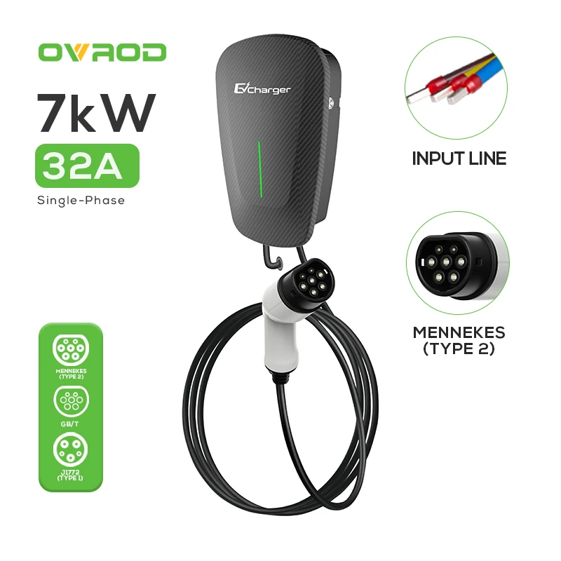 Ovrod Wholesale 7Kw Type 2 Electric Car Fast Charger Wall-Mounted EV Charging Station for Fast Ev Charging