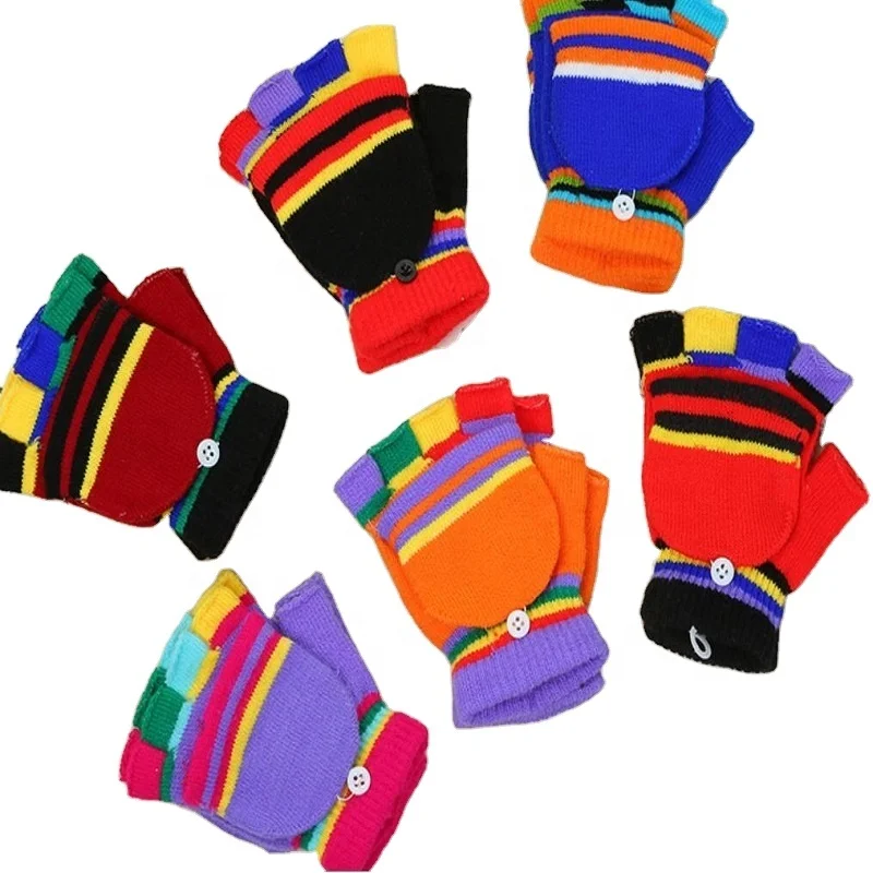 Custom Children Boys  Girls  Acrylic Knit Fingerless Flip top Gloves