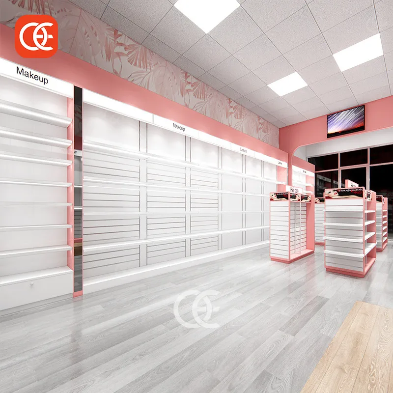 Pink Cosmetic Store Design Beauty Hair Products Display Shelves For Retail Store With Light Beauty Supply