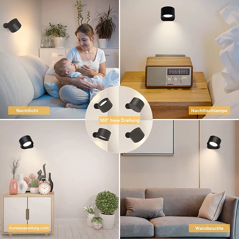 Rechargeable Battery Operated 3 Brightness Level Rotate Cordless Wall Light reading Bedside LED Wall Mounted Lamp