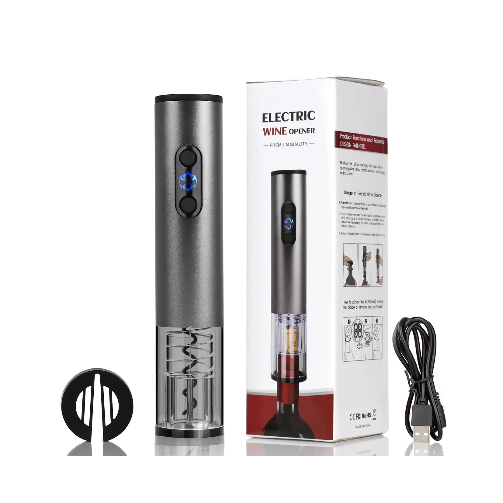C006 Customized Classic Carbon Stainless USB Type-C Rechargeable Auto Electric Corkscrew Wine Bottle Opener Kit with Dry Cell