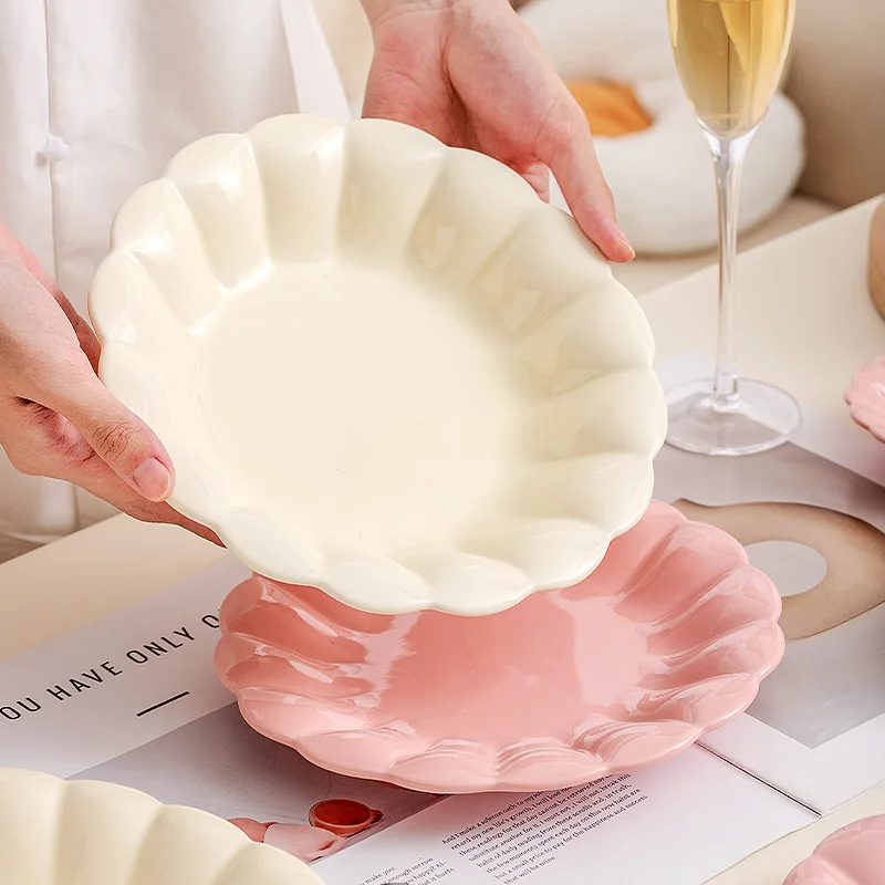 French Pink Rice Bowl And Dinner Plate Set Household Large Capacity Deep Plate Rice Cereals Bowl Romantic Style Tableware