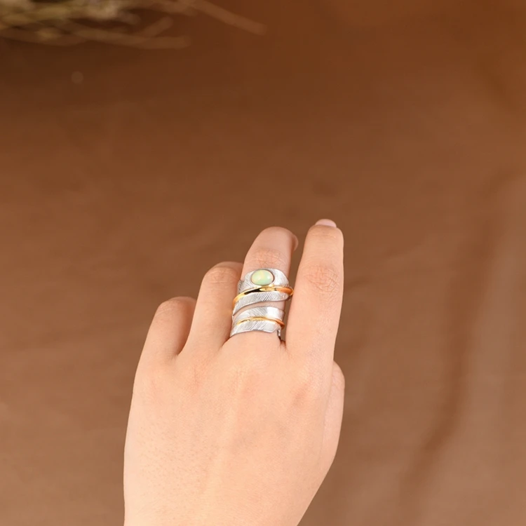 Authentic silver jewelry S925 Sterling Silver Ring Fashion Gold Plated Feather Set Opal Adjustable Ring for Women