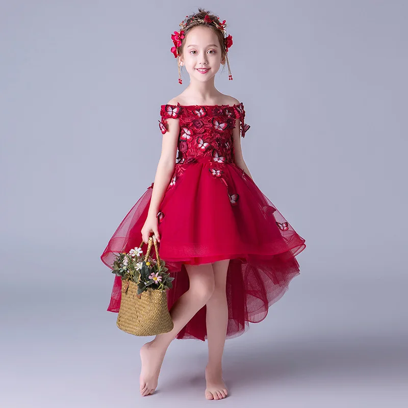 Red lace ruffle butterfly design Princess high-low Wedding Dress Boat Neck Flower Girl Dress