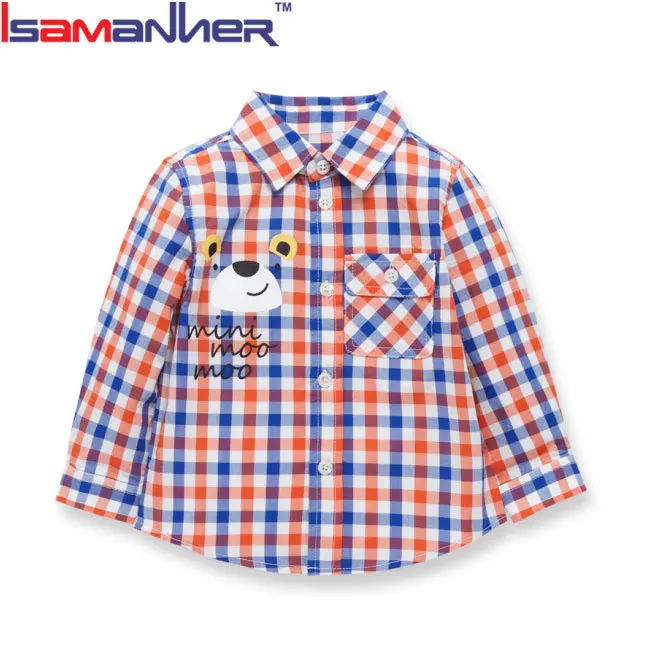 Детские рубашки с мультяшным принтом для мальчиков, модные рубашки в клетку с длинным рукавом для детей