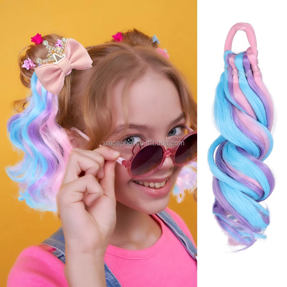 Wholesale Blue Pink 2 Pcs Curled Kids Ponytail Hair Extension for Christmas Party