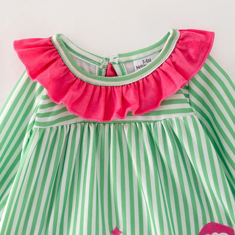 In Stock Ready to Ship Infant Baby Girl Winter Christmas Santa Claus Embroidered Green Stripe Set Outfit