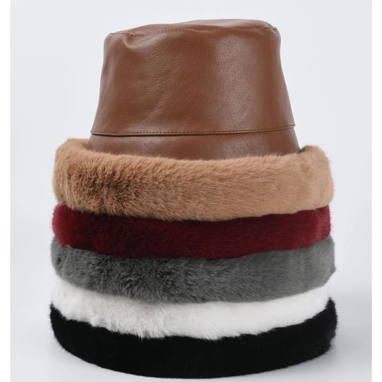 Custom Unisex Luxury Vintage Faux Fur Fleece Edge Hat Wide Brim Leather Hat Bucket