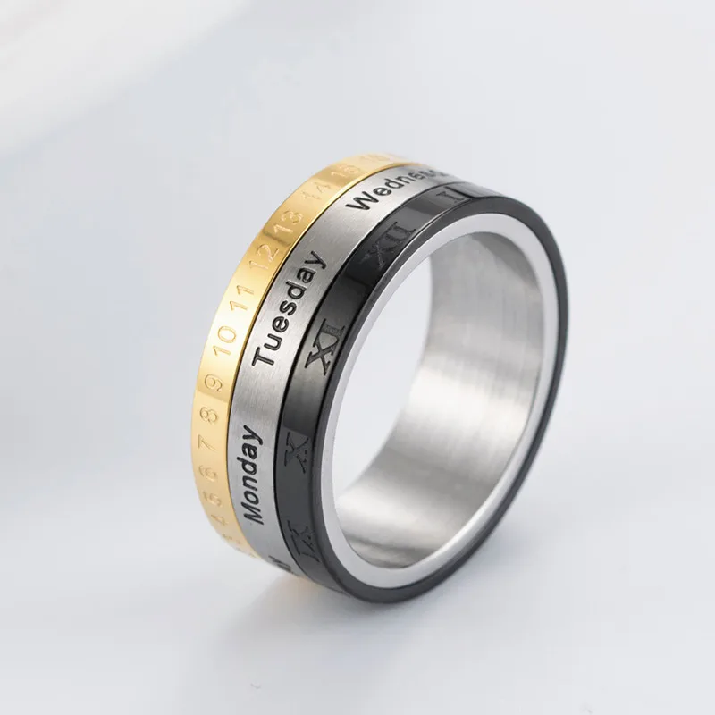Three circles time ring numbers week ring three colors rotatable fashion Men ring