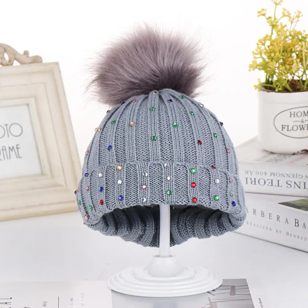 Europe autumn and winter color diamond wool knit children hat earmuffs cap wholesale cute warm color rhinestone kids knit hats