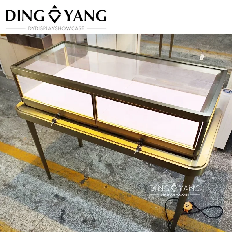 Customized Nice Design Fashion Rectangle 48 X 22 X 38 INCHES Brush Golden Jewelry Glass Showcase With Bright Led Lights