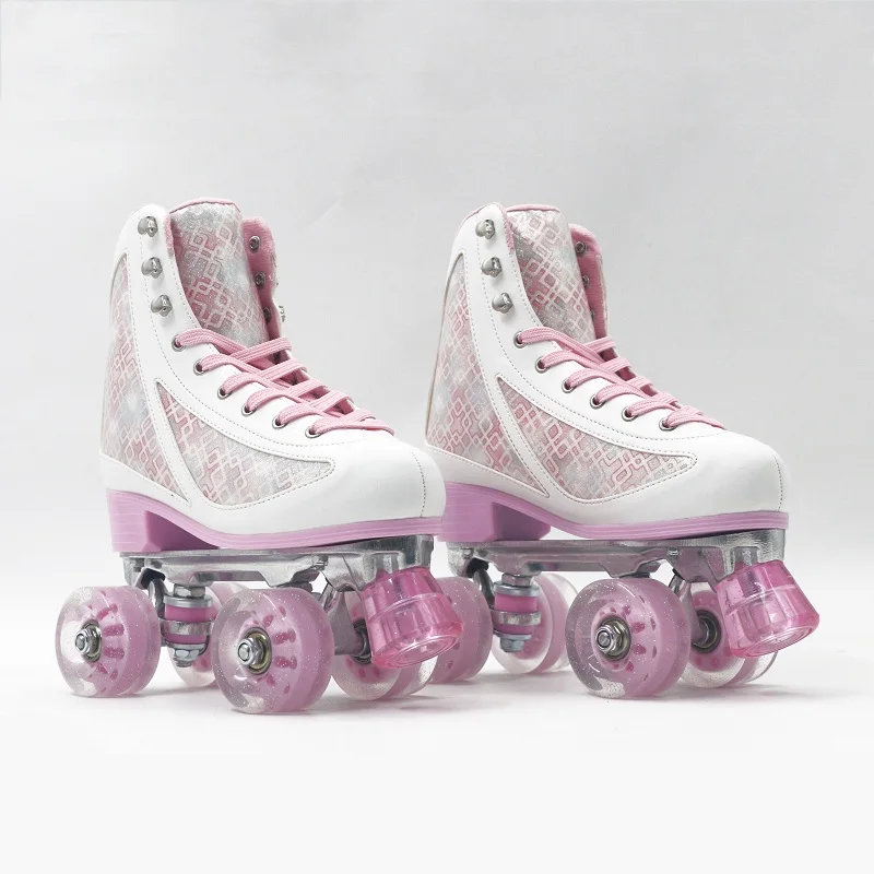 The Rental Quad Roller Skates Brake Head Wholesale Price Four PU Wheels Pink Leather Roller Skate Shoes for Adult
