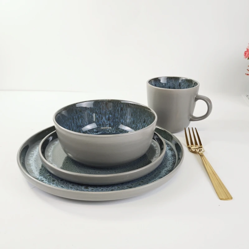 Hot sale luxury 16 piece reactive glaze stoneware dinnerware set with plate mug and bowl
