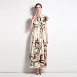 XC5948073 Summer new neckline tie design sleeveless long personalized retro print A-line dress