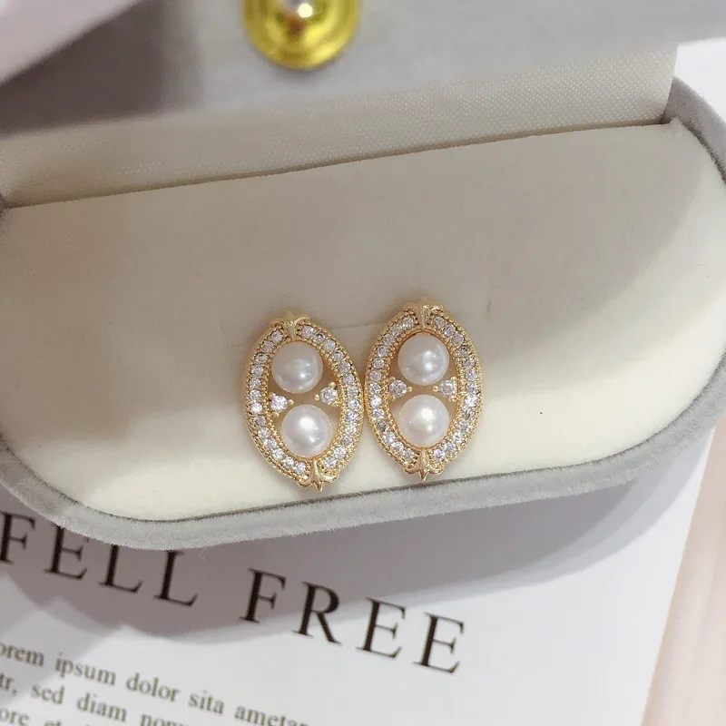 French Style 925 Sterling Sliver Needle Double Real Fresh Water Pearl Vintage Zircon Diamond Oval Studs Earrings For Women