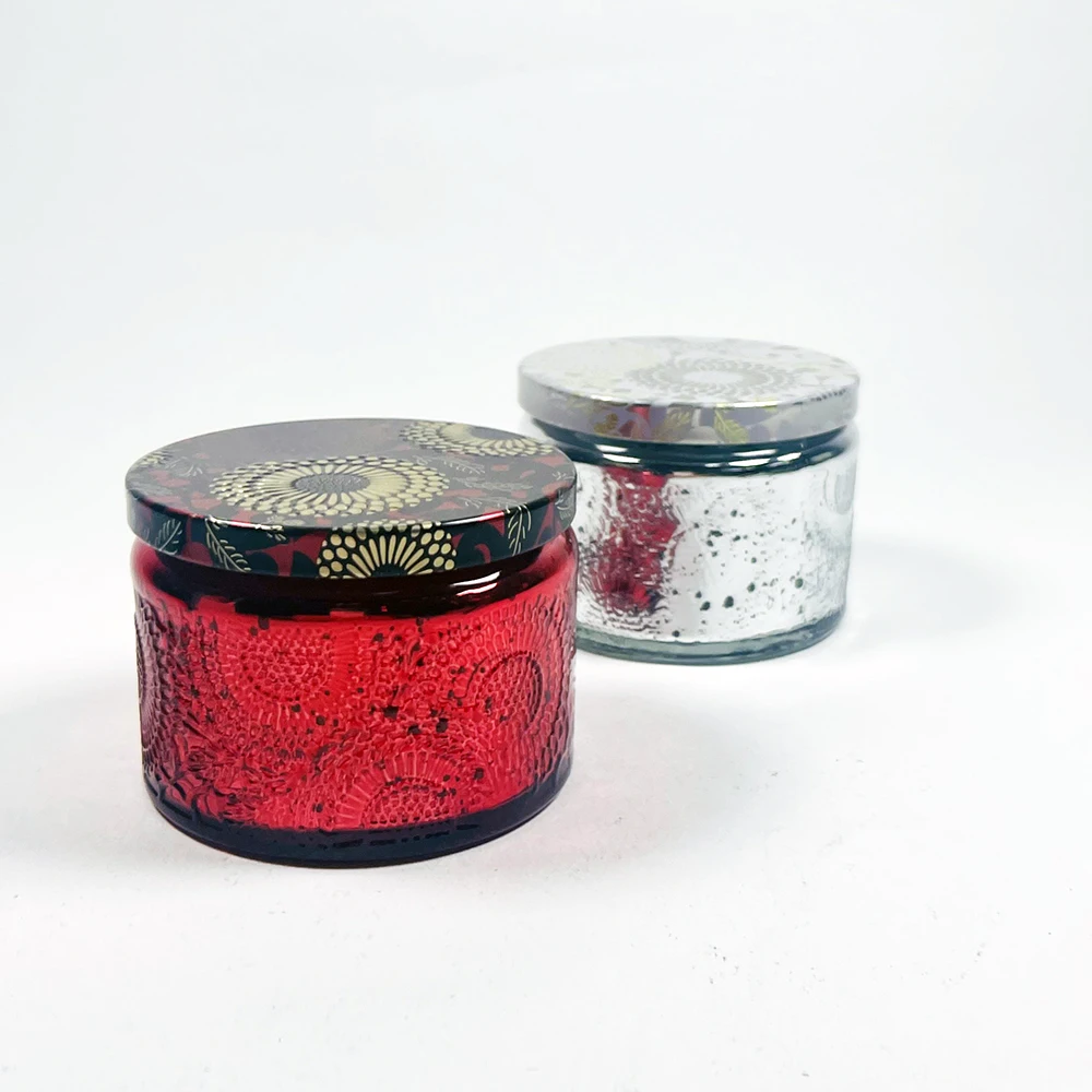 Ready to ship home decor 8 oz crystal different sizes embossed glass candle jar with lid for scented candle making