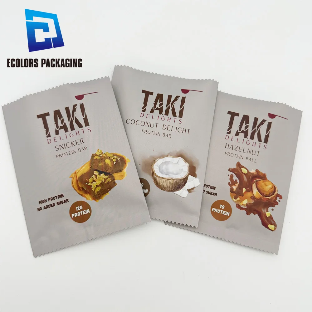 customized food grade chocolate protein bar plastic mylar 3 side seal pouch sachet plastique hot sealing frosted bag