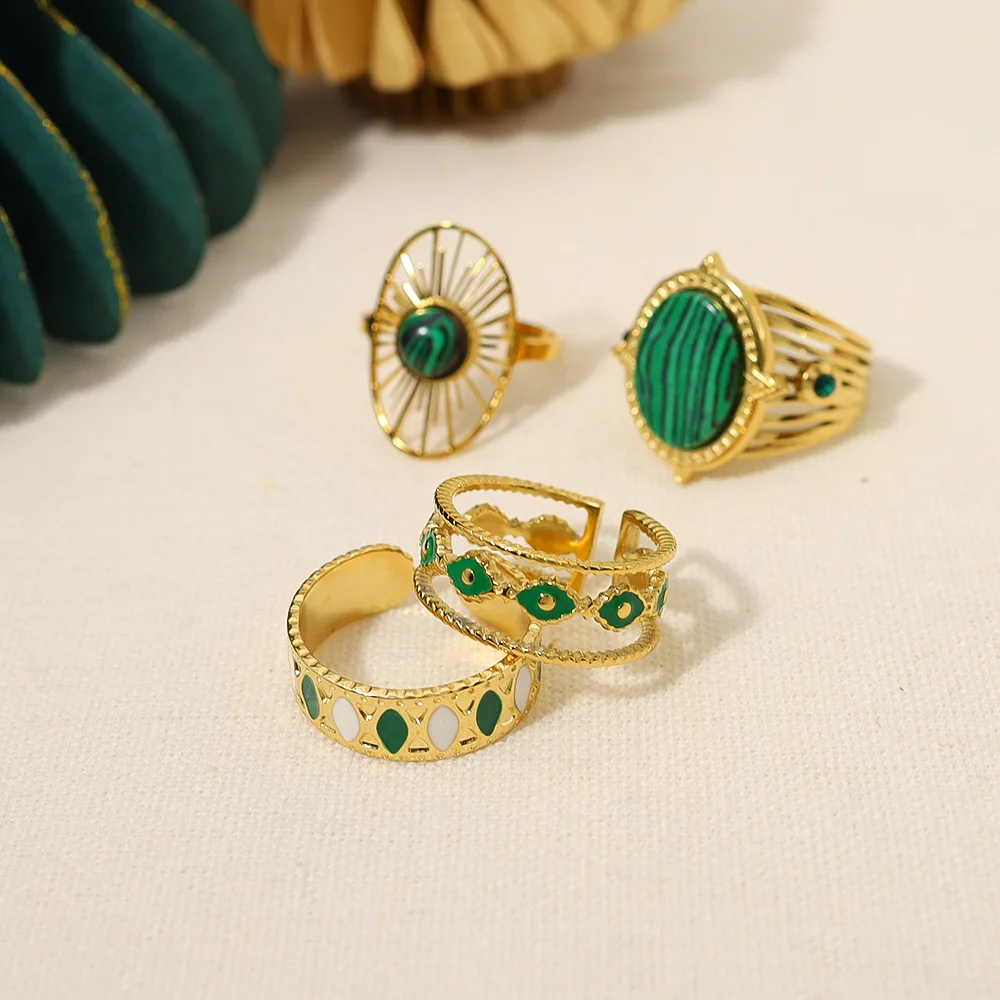 French New 18K Real Gold Stainless Steel Ring Inlaid with Peacock Stone Green Series Ring Foreign Trade Jewelry Wholesale