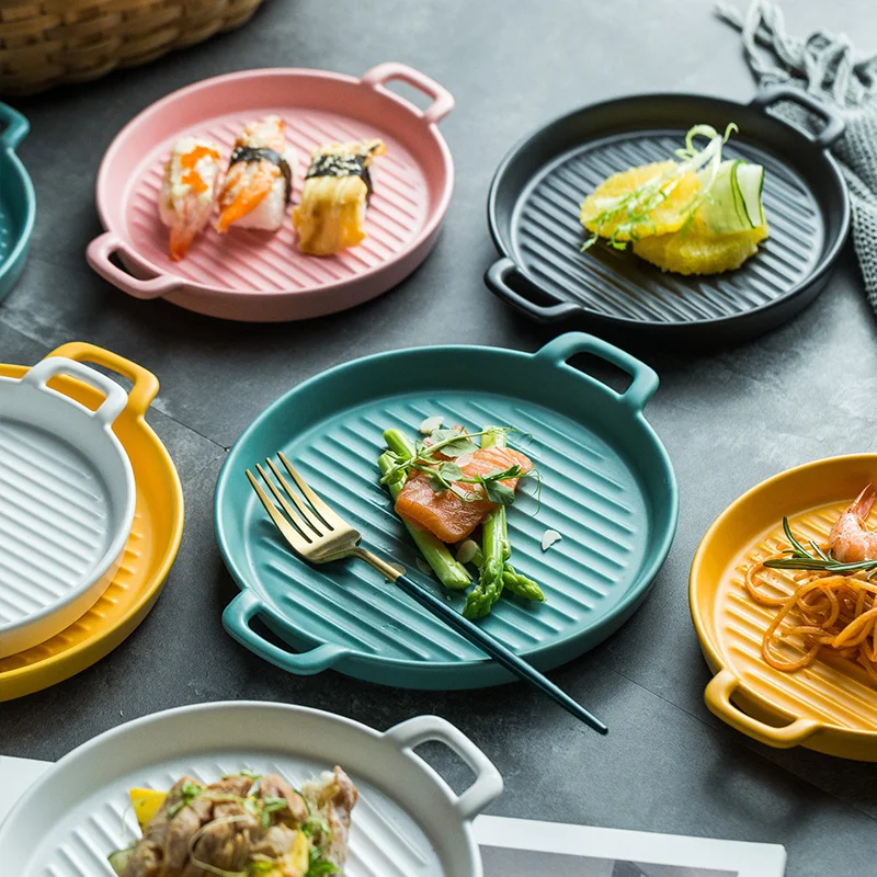 From China Steak Pasta Dessert Serving Dishes Ceramic Pizza Baking Dish Bread Flat-bottomed Ceramic Dish Plate