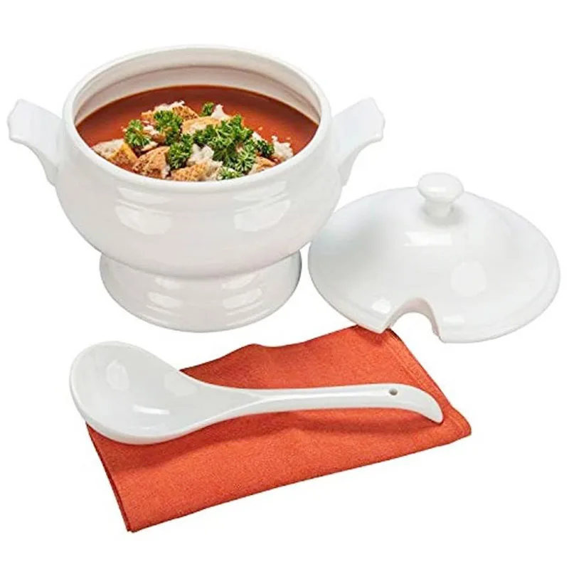 Custom glazed ceramic white soup bowl white soup tureen with ladle