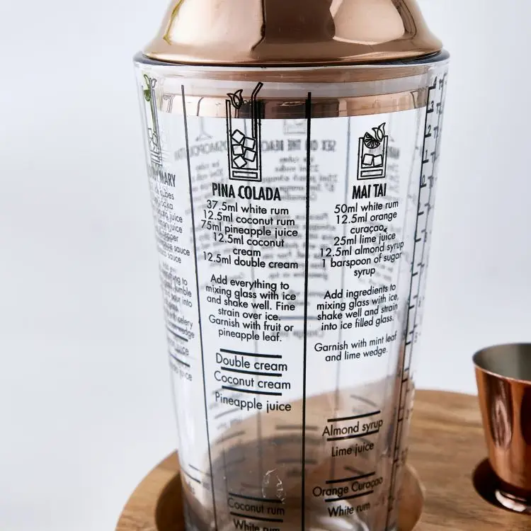 Custom Logo Cocktail Mixing Tools Stainless Steel Glass Colored Cocktail Shaker with Cocktail Recipes