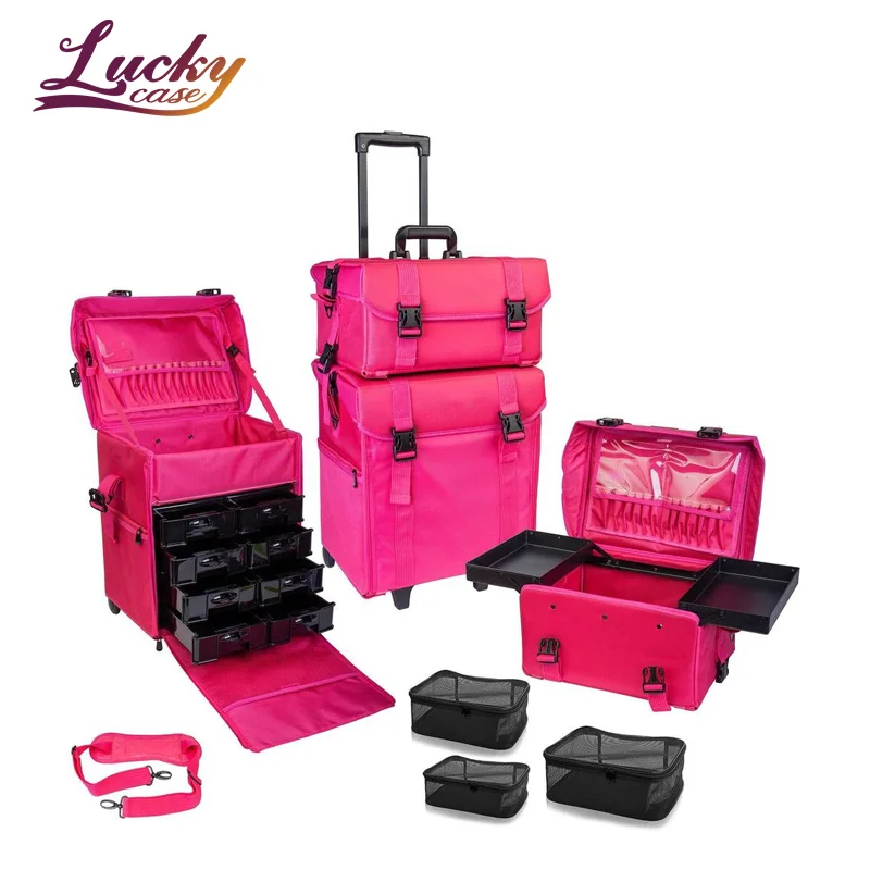 Soft Makeup Artist Train Case Rolling Trolley Cosmetic Case Makeup Hairdresser with Free Set of Mesh Bag Pink