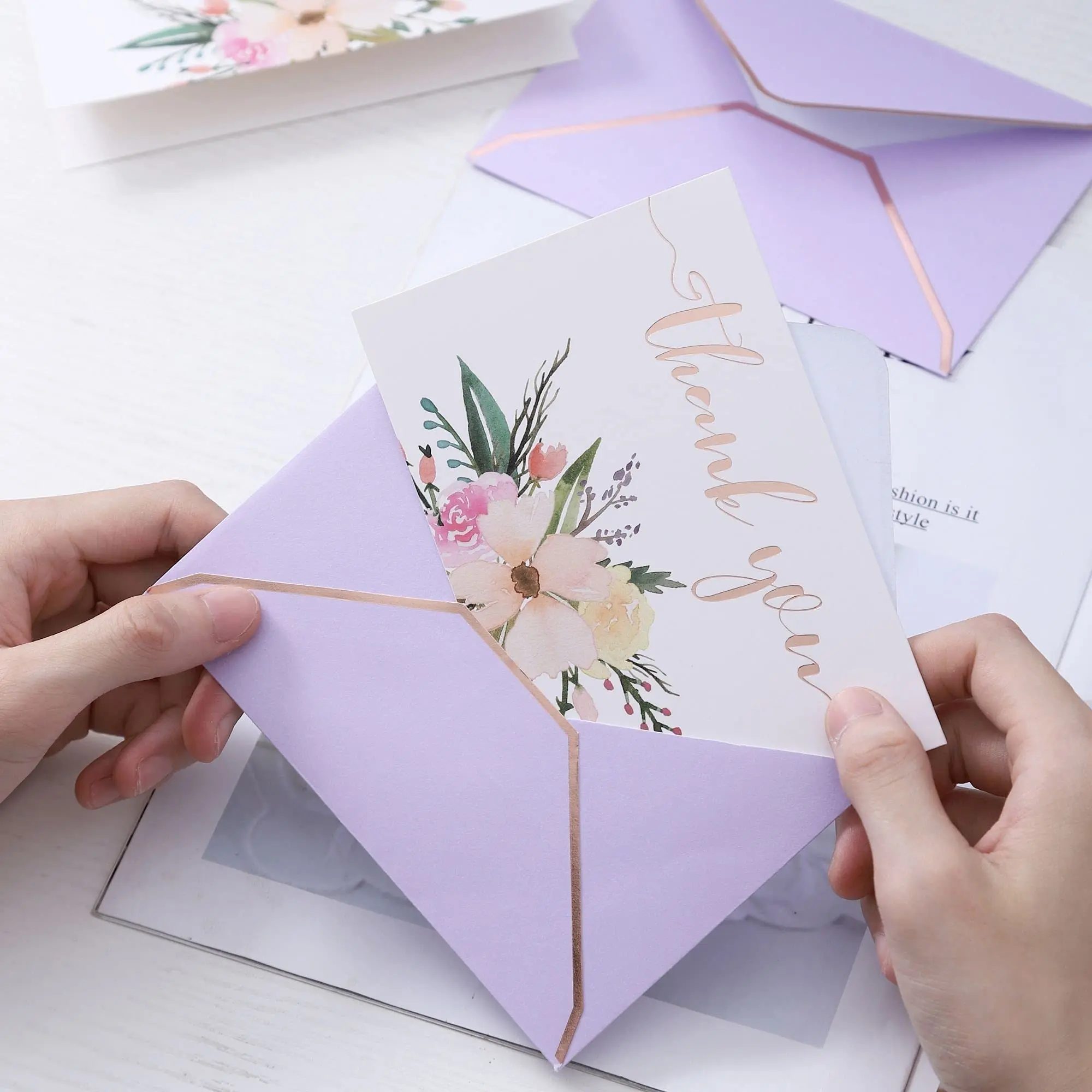 Custom Blank A7 A9 5x7 Mailing purple gold thank you card Invitation Wedding Self Seal Kraft paper Envelope with thank you card