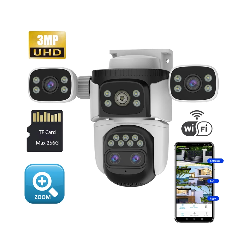 Two Way Audio IP66 2MP 3MP Security Camera Multi Lens 3 Screens Monitor Wireless Security Camera p2p Smart PTZ CCTV IP Camera