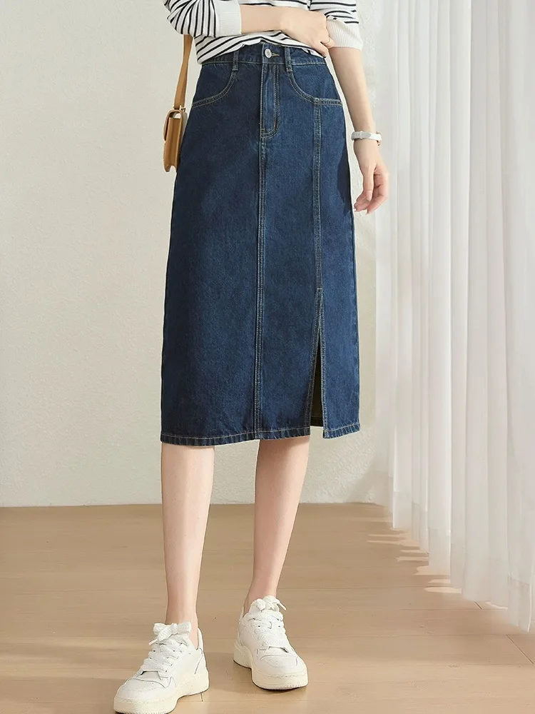 New Design Deep Blue A-Side Hip Wrap Denim Skirt Women Retro Vintage Style Elegant High Waist Slim Long Jean Skirt Summer Spring