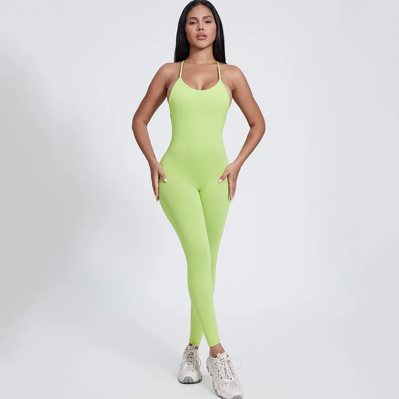 Cross Back Spaghetti Strap One Piece Set Women Lightweight Sportswear Fitness Yoga Bodycon Jumpsuits