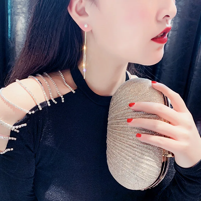 Silver Fashion New Jewelry Simple Tassel Ms. Striped Pearl Inlaid Zircon Drop Earrings