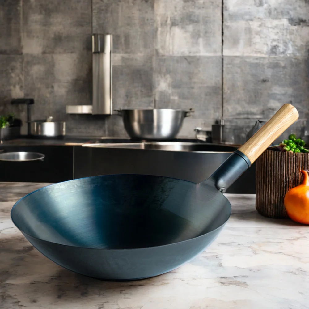 Kitchenware Chinese Wok Round Bottom Carbon Steel Wok With Wooden Handle For Kitchen