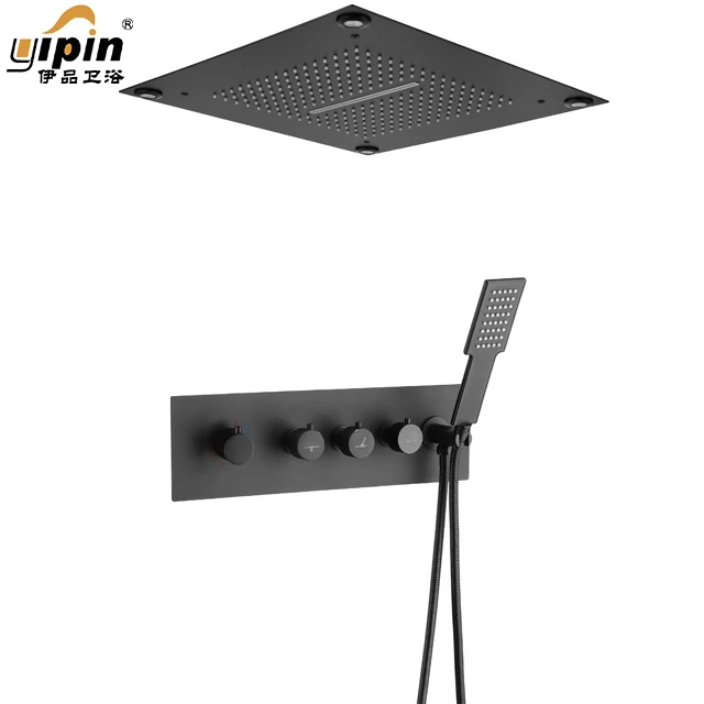 Wall Mounted Bathroom LED Smart 3 Way Shower Faucet Black 4 Handle Shower Set Rain Waterfall Thermostaticled LED Shower Column