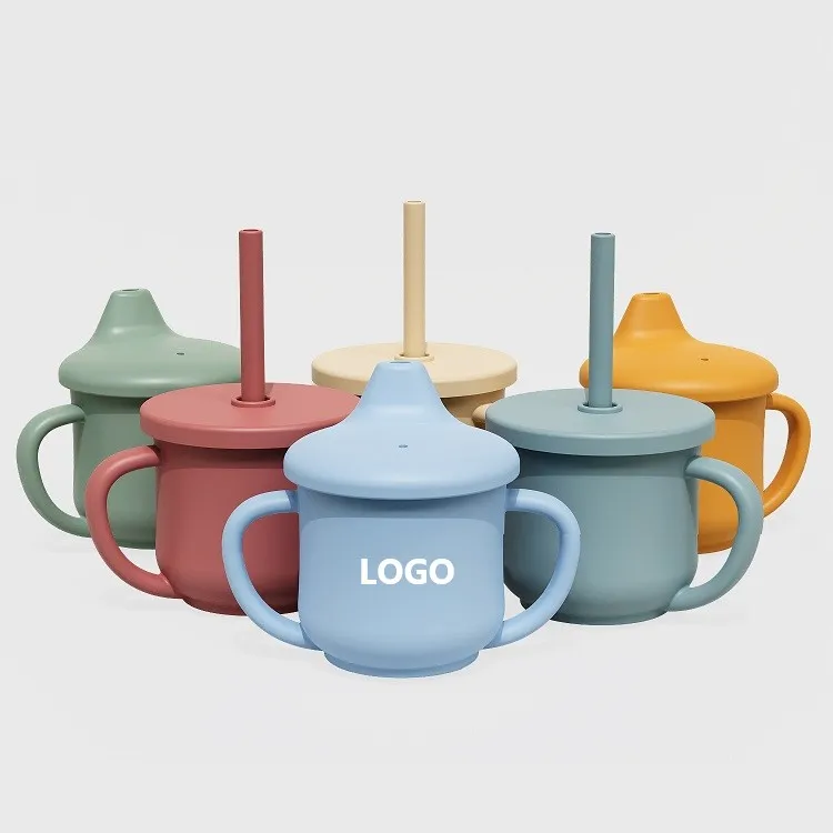 2 In 1 Baby Straw Cup Beber Entrenamiento Silicona Copos Tazas Para Bebe Drinking Silicone Sippy Cup With Holder And Cover Lid